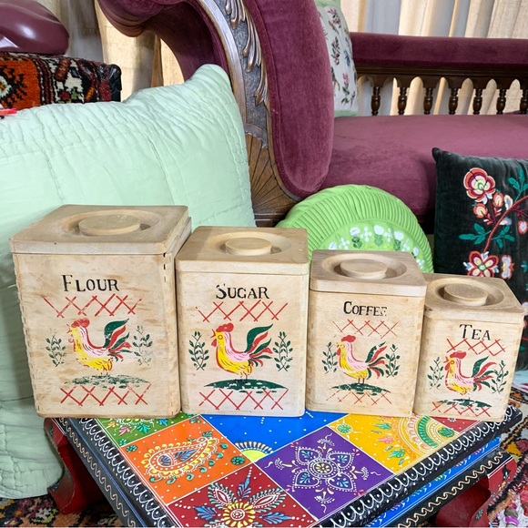 MCM Wood Rooster Canister Set - Picture 1 of 7